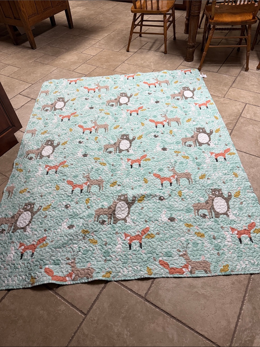 Cute Woodland Animal Baby Quilt - Mint with Fox & Bear Print
